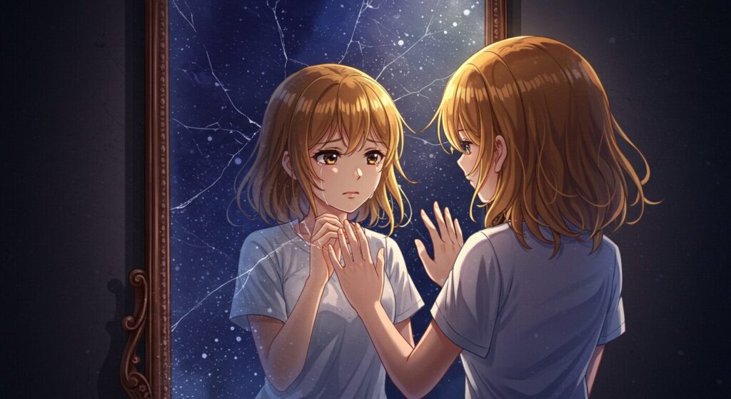 『あの夏、夢の終わりで恋をした。』のヒロイン・咲葵の正体を象徴する画像。鏡の前に立つ少女と、鏡の中に映るもう一人の悲しい表情の彼女。二つの世界と彼女の秘密を描いたイラスト