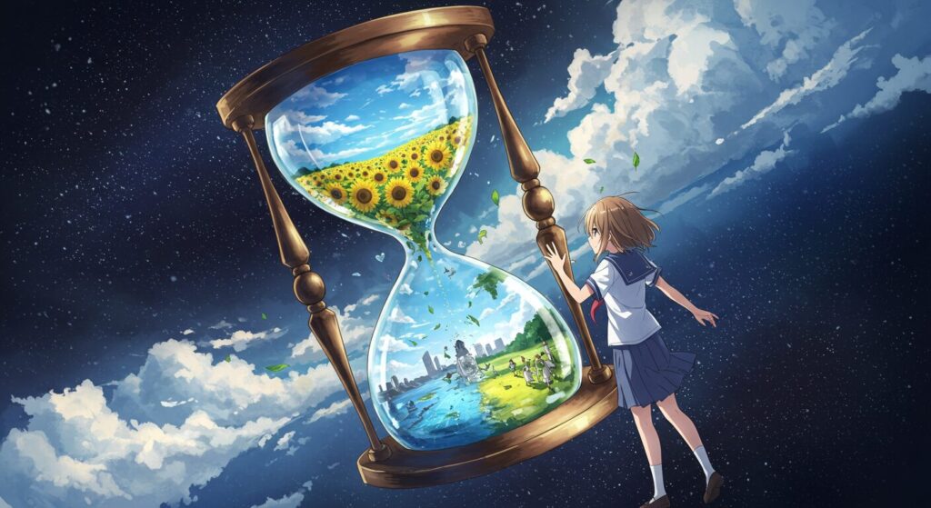 『あの夏、夢の終わりで恋をした。』のSF設定を象徴する画像。ヒロイン咲葵が、二つの異なる世界が描かれた巨大な砂時計に手を伸ばしている幻想的なイラスト