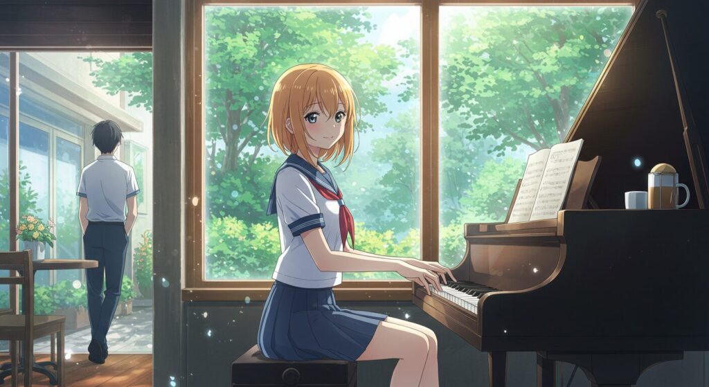 『あの夏、夢の終わりで恋をした。』のあらすじを象徴する画像。カフェでピアノを弾くヒロイン咲葵と、それを見つめる主人公の透。二人の出会いの瞬間を描いた切ないイラスト