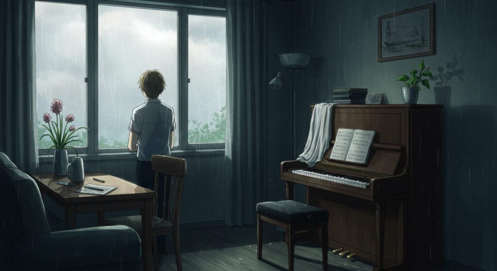 『あの夏、夢の終わりで恋をした。』のあらすじを象徴する画像。雨の日に窓の外を眺める主人公・透の後ろ姿と、部屋に置かれたピアノ。物語の切ない始まりを描いたイラスト