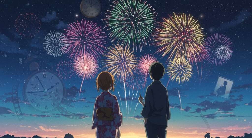 『あの夏、夢の終わりで恋をした。』のあらすじを象徴する画像。花火を見上げる浴衣姿のヒロイン咲葵と主人公。幸せな情景に時計が重なり、タイムリミットの謎を暗示するイラスト
