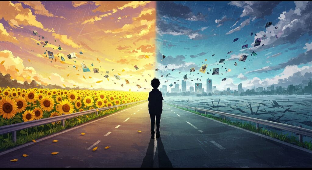 『あの夏、夢の終わりで恋をした。』のテーマを象徴する画像。分岐点に立つ少年のシルエット。二つの道はそれぞれ明るい未来と悲しい過去を表しており、「後悔と選択」を表現しているイラスト