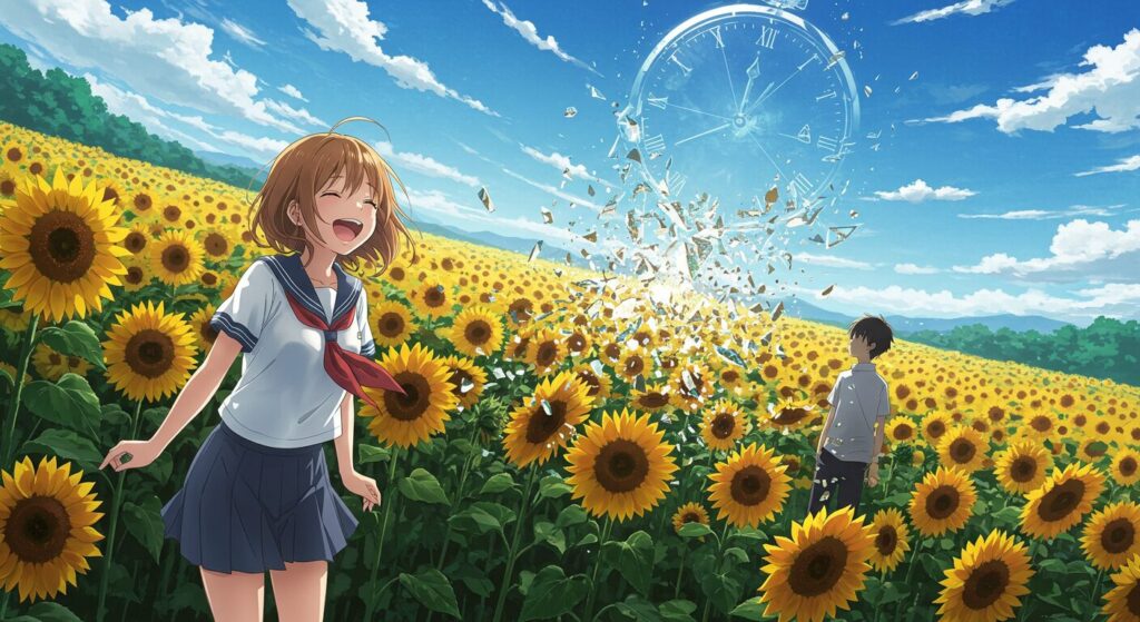 『あの夏、夢の終わりで恋をした。』のタイムリミットを象徴する画像。幸せなひまわり畑の風景が端から崩壊していく様子を描いた、切ないイラスト