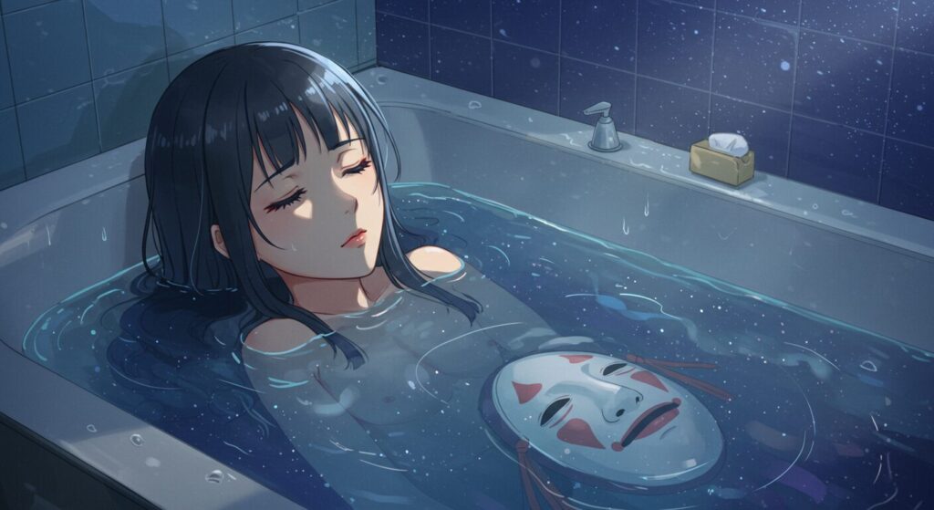 小説『バスタブで暮らす』の考察セクションの画像。バスタブに浸かる主人公の少女と、その水面に映る能面のイメージが重なり合う、作品の象徴性を表す幻想的なシーン