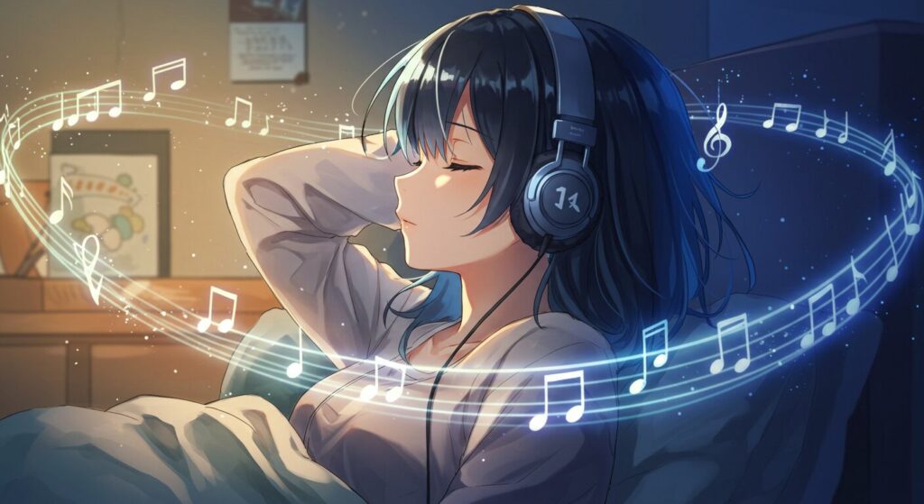 小説『バスタブで暮らす』のオーディオブック版の魅力をイメージした画像。ヘッドフォンで物語を聴きながら、心地よさそうな表情を浮かべる少女