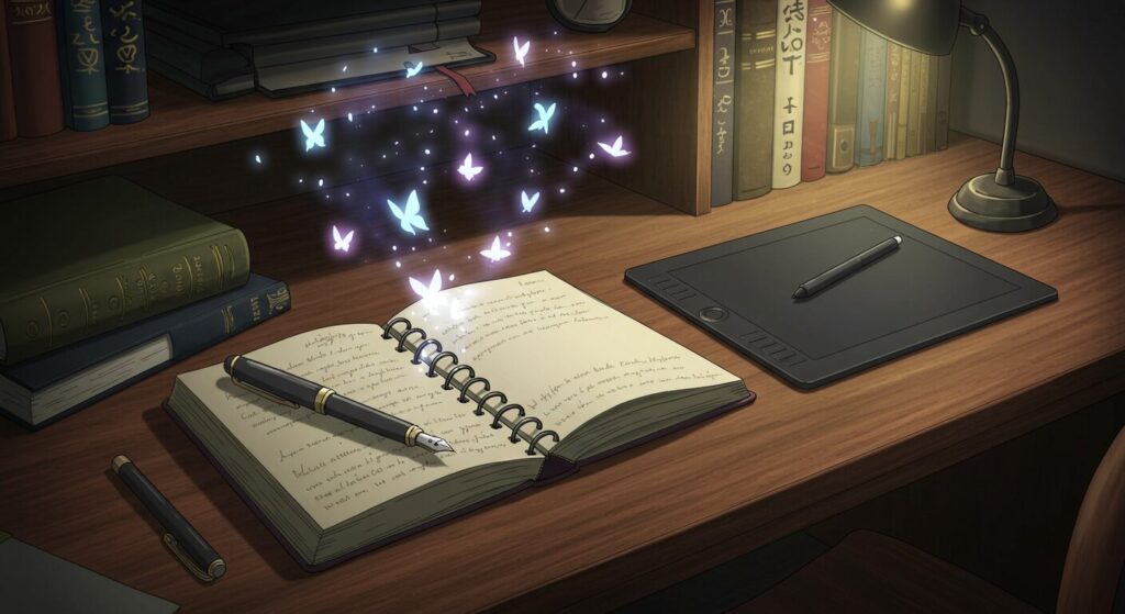 小説『バスタブで暮らす』の作者とイラストレーターを紹介するセクションの画像。アンティーク調の机の上に置かれたノートとペンタブレットから、物語を象徴する幻想的な光が立ち上る、創作の現場をイメージしたシーン