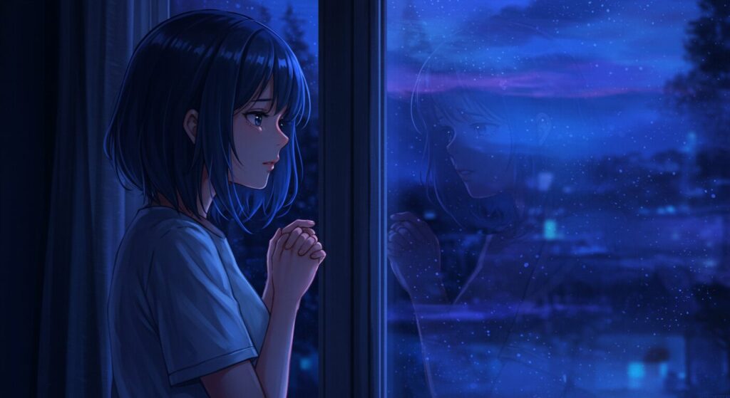 小説『バスタブで暮らす』のH2見出し用画像。主人公の少女が窓に映る自分の姿を見つめ、この物語が自分に合うかどうかを静かに自問しているような、物憂げで内省的な雰囲気