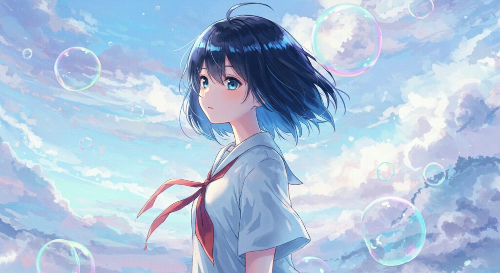 小説『バスタブで暮らす』のイラストレーター、柳すえ先生の画風をイメージした画像。透明感のあるタッチで描かれた少女と、幻想的な背景