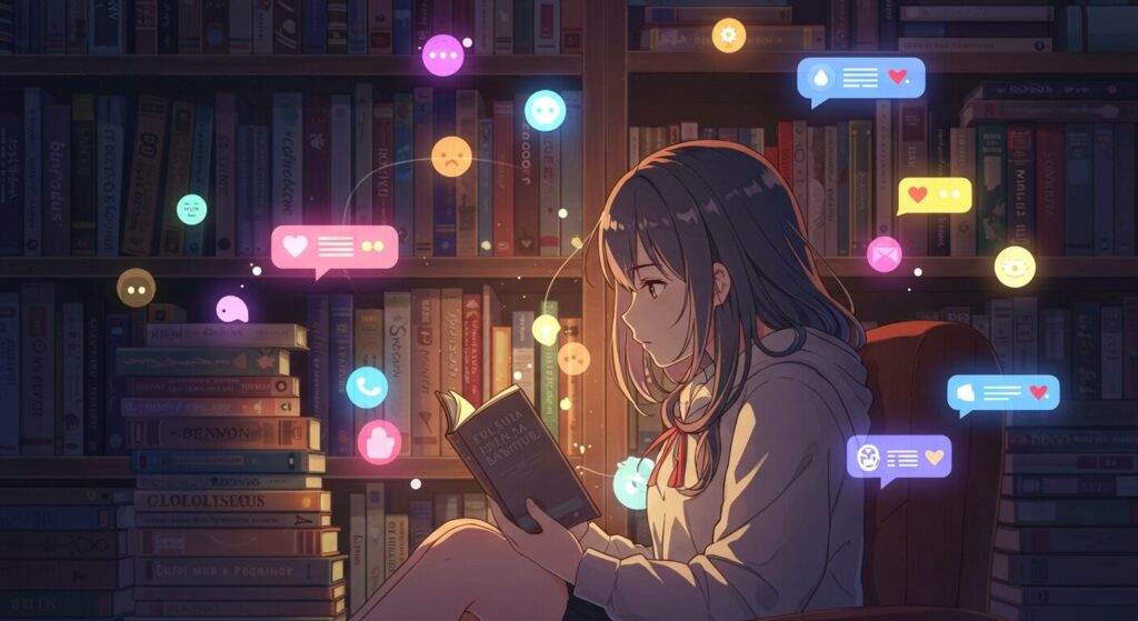 小説『バスタブで暮らす』のレビュー分析を象徴する画像。本を読む少女の周りに、様々な感想を表す光やアイコンが浮かんでいる
