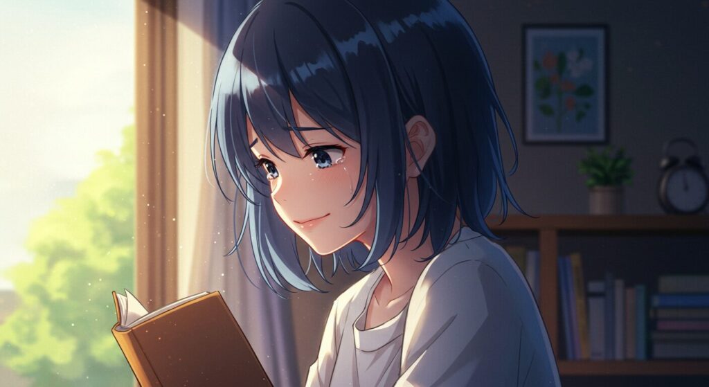 小説『バスタブで暮らす』の感動的な評判をイメージした画像。本を読みながら、涙を浮かべつつも穏やかに微笑む少女の姿