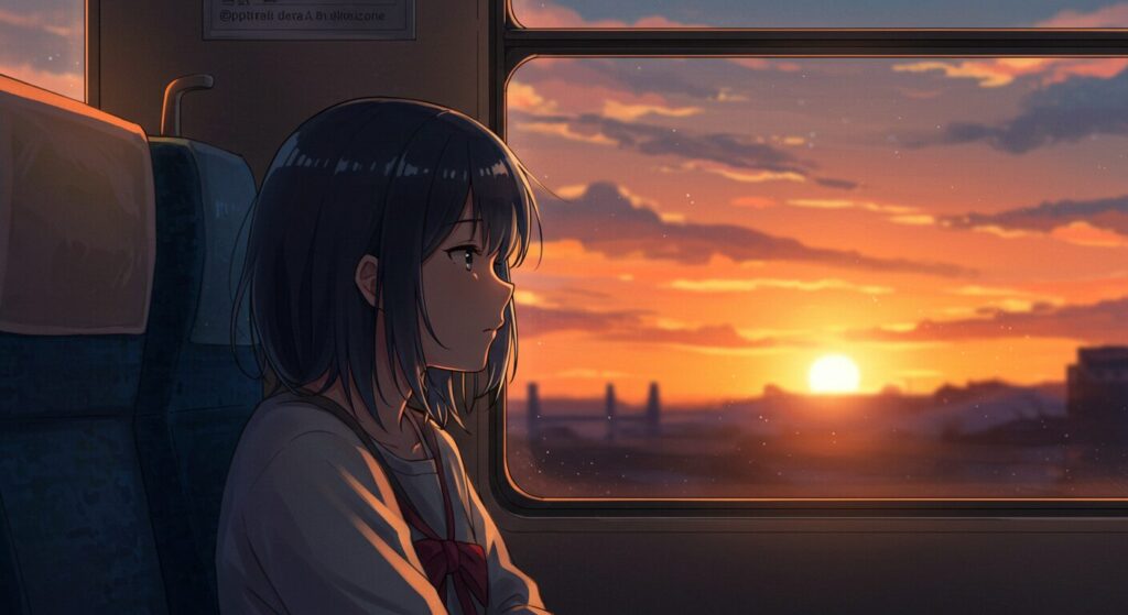 小説『バスタブで暮らす』の評判・感想セクションの画像。夕暮れ時の電車内で、主人公の少女が窓の外を眺めている、物静かで感傷的なシーン