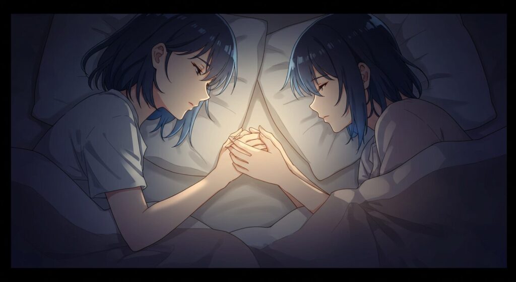 小説『バスタブで暮らす』の感動的なシーンをイメージした画像。ベッドで眠る母親の手を、主人公の少女が優しく握り、見守っている