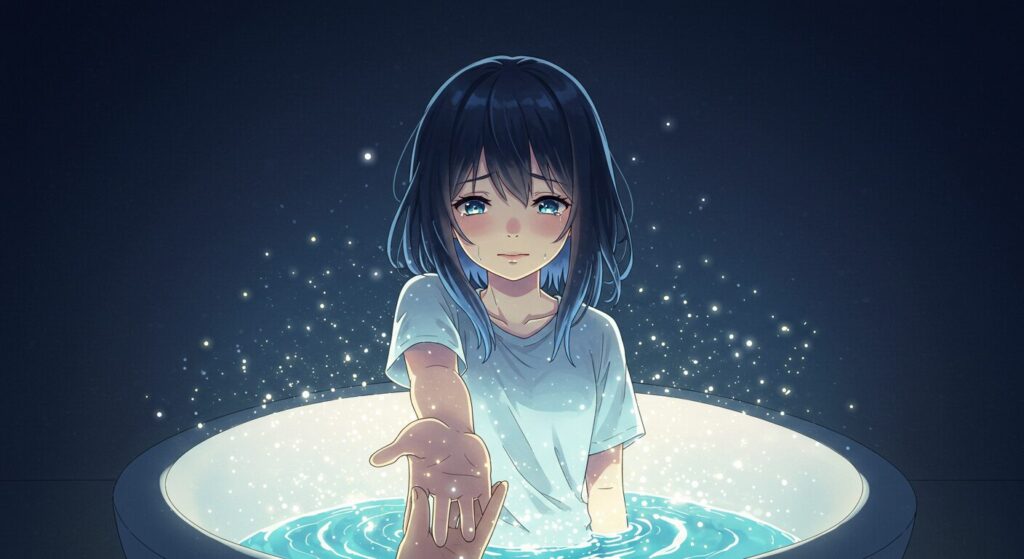 小説『バスタブで暮らす』のまとめ用画像。主人公の少女が、光でできた幻想的なバスタブから、希望に満ちた表情で外の世界へ踏み出そうとしている、作品全体を象徴するイラスト