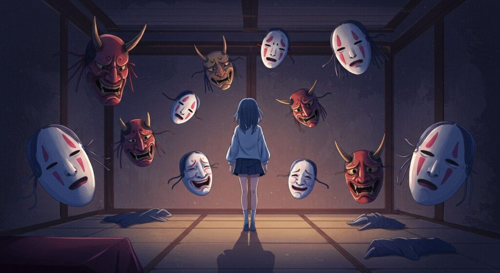 小説『バスタブで暮らす』の能のモチーフを象徴する画像。主人公の少女の周りを、様々な能面が浮遊している幻想的なシーン