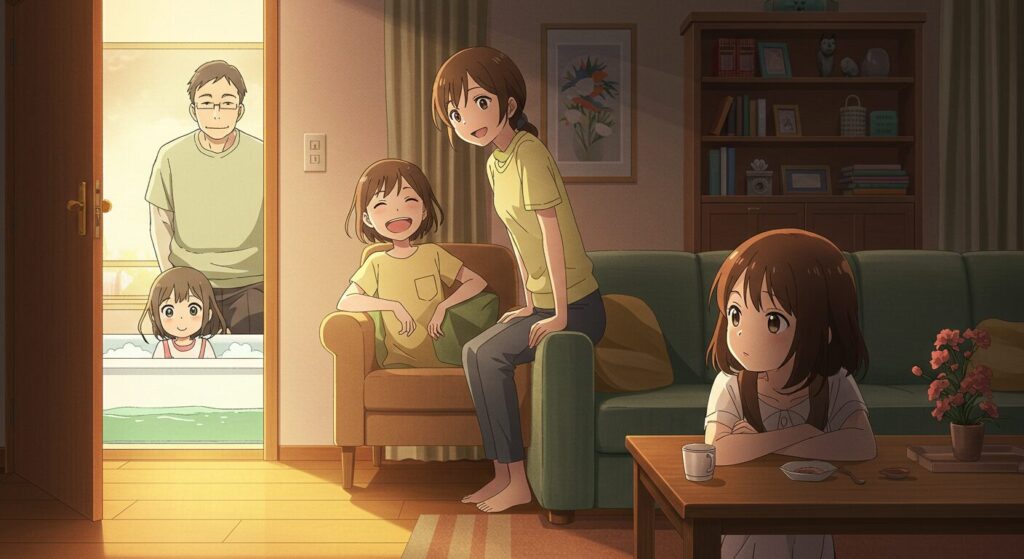 小説『バスタブで暮らす』のテーマ「家族の絆」を表す画像。リビングで談笑する温かい家族を、部屋の隅から主人公が穏やかな表情で眺めている