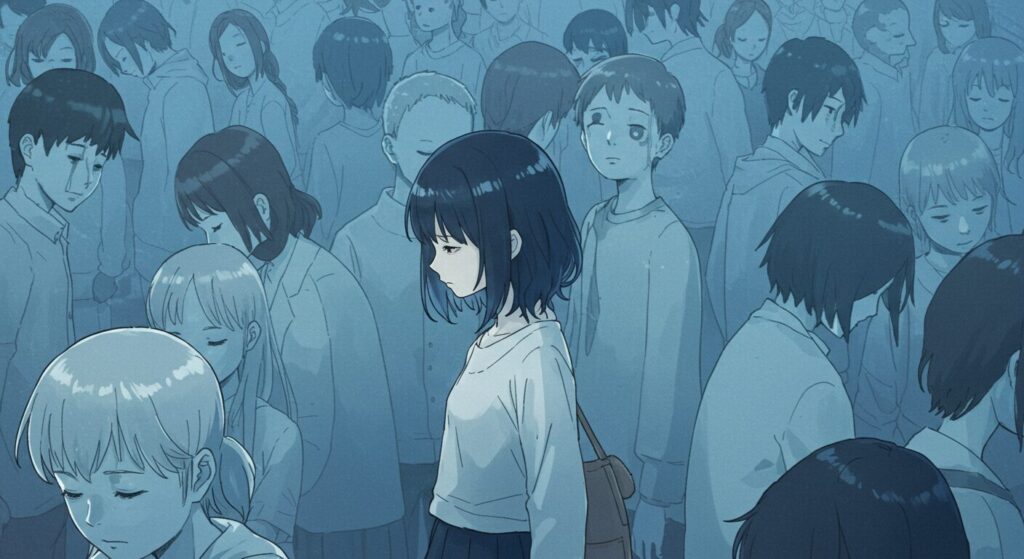 小説『バスタブで暮らす』のテーマ「生きづらさ」を表現した画像。雑踏の中で、主人公の少女だけがくっきりと描かれ、周りの人々は顔のない姿で表現されている