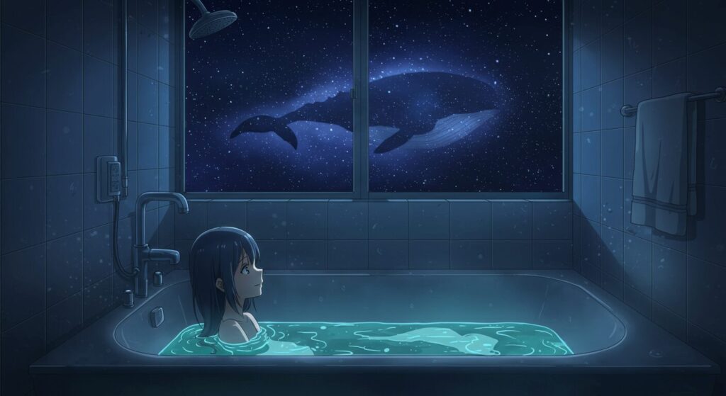 小説『バスタブで暮らす』の世界観を表す画像。バスルームの風景に、星空やクジラの影といった幻想的な要素が溶け込んでいるマジックリアリズム的なイラスト