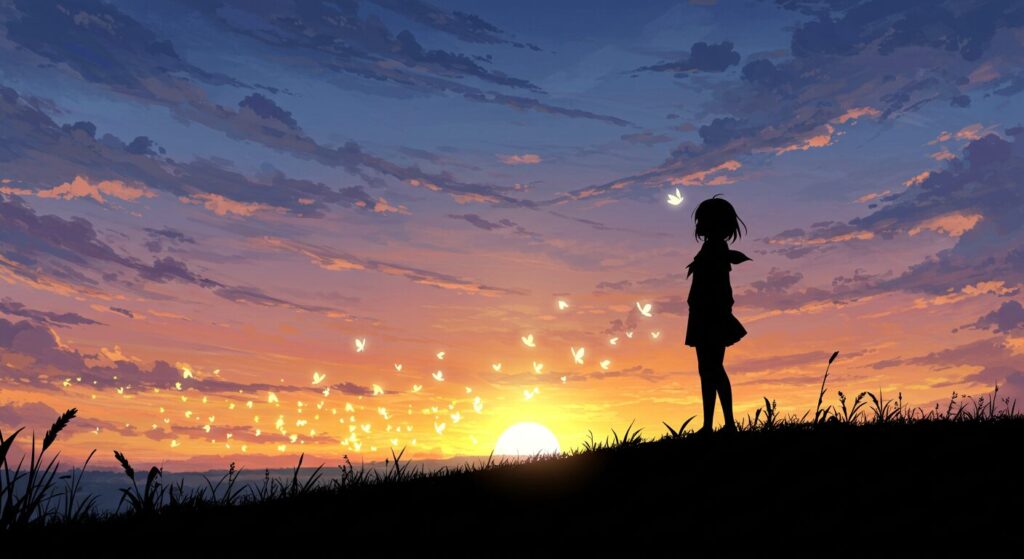 冬野夜空先生の今後の活動への期待を象Gする画像。丘の上に立ち、昇る朝日と未来を眺める少女のシルエット。希望に満ちたイラスト