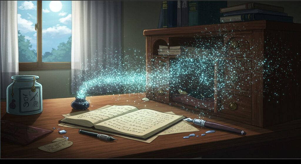 作家・冬野夜空の世界観を象徴する画像。静かな部屋の机の上で、万年筆のペン先から光の粒子が溢れ出し、幻想的な世界を形作っているイラスト