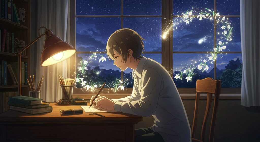 『星降る夜になったら』の作者の創作風景をイメージしたイラスト。星空の下、机に向かう人物の周りに物語のモチーフが幻想的に浮かんでいる