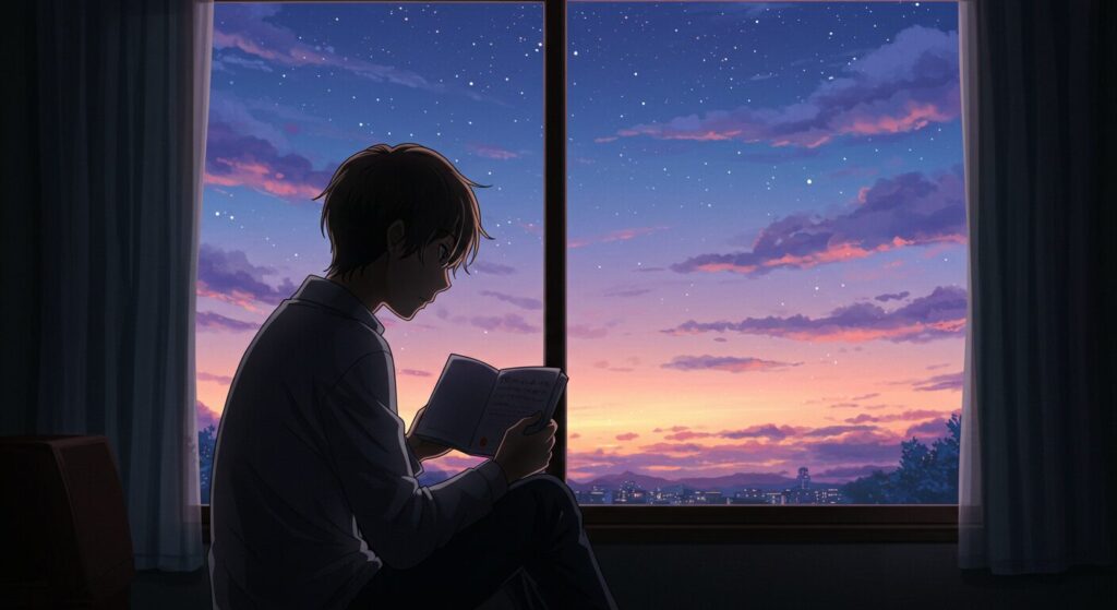  物語の世界に没入するかどうか、本を手に物思いにふける人物の後ろ姿を描いたアニメ調イラスト