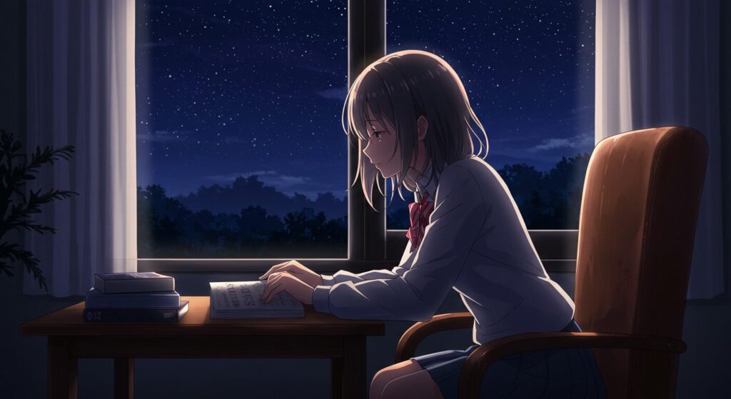 『星降る夜になったら』を読んだ後の読後感を象徴する画像。星空が見える窓辺で、少女が本に手を置き、静かに物語の余韻に浸っている