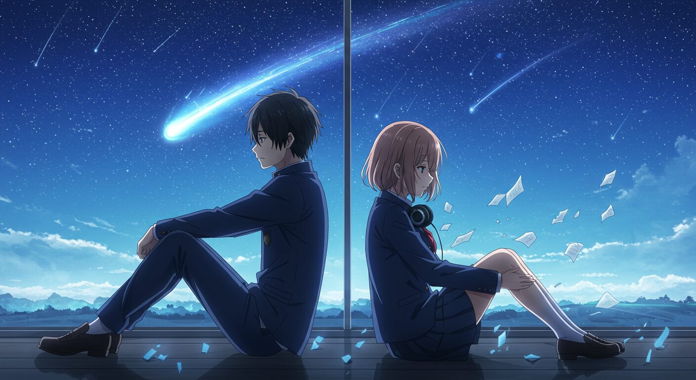 『星降る夜になったら』のアイキャッチ画像。流星が降り注ぐ美しい夜空を背景に、学生服姿の少年と少女がガラスを隔てて背中合わせに座り込み、互いに会えない切なさを表現している