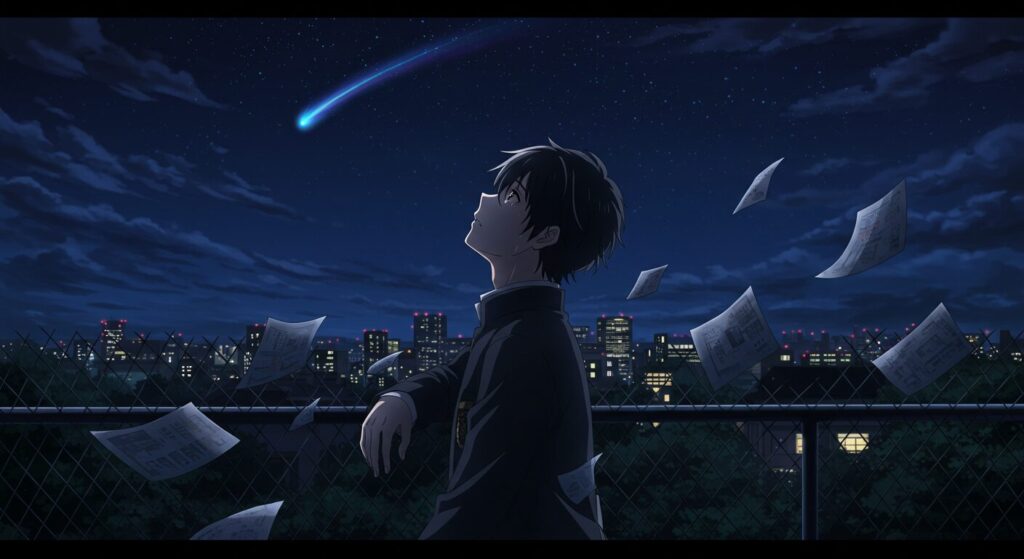 『星降る夜になったら』の主人公・花菱准汰が、何かを決意した表情で夜空の彗星を見上げる、切ない雰囲気のアニメ調イラスト