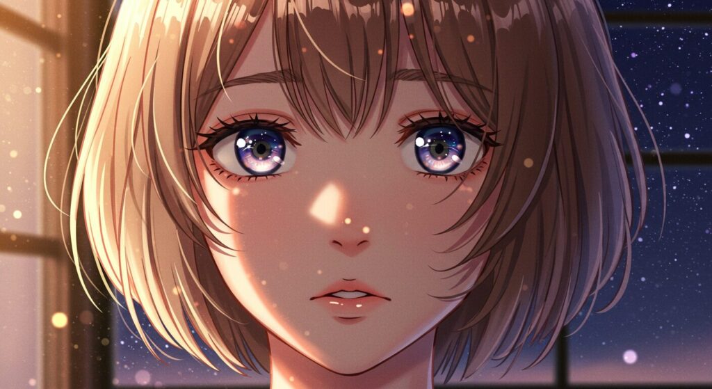 『星降る夜になったら』のヒロイン・渡良瀬佳乃の、物憂げで美しい表情を描いたクローズアップのアニメ調イラスト。瞳の描き込みと光の表現が特徴的