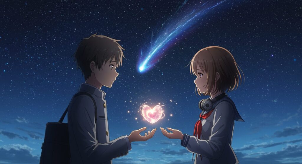 『星降る夜になったら』の自己犠牲の愛を象徴する画像。星空の下、少年と少女がお互いに光る心臓を差し出し合う、切なくも美しいアニメ調イラスト