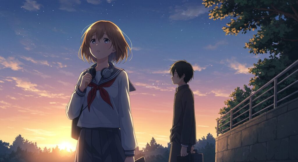 『星降る夜になったら』の登場人物、花菱准汰と渡良瀬佳乃が夕暮れの帰り道を歩く様子。二人の間の距離が切ない関係性を表している