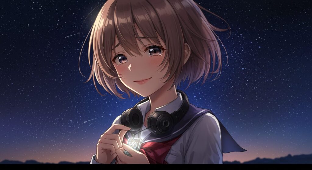 『星降る夜になったら』を読んだ感動を表現する、涙を流しながらも穏やかに微笑むヒロインのアニメ調イラスト