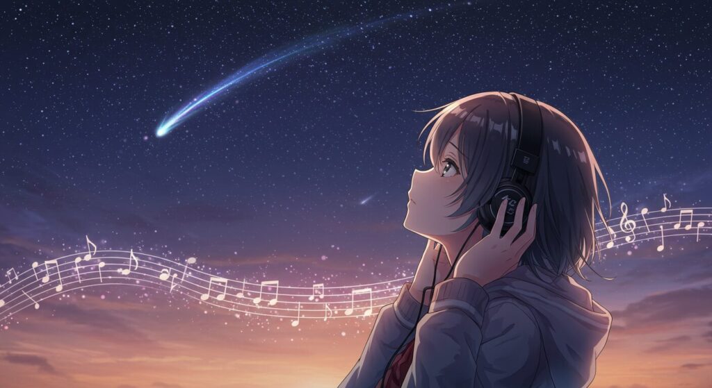 『星降る夜になったら』の音楽との関連性を象徴する画像。ヘッドホンで音楽を聴きながら、星空を見上げるヒロインのアニメ調イラスト