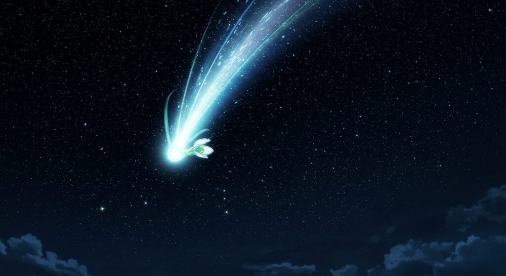 『星降る夜になったら』の物語の鍵を握る、スノードロップ彗星が夜空に輝く幻想的なアニメ調イラスト