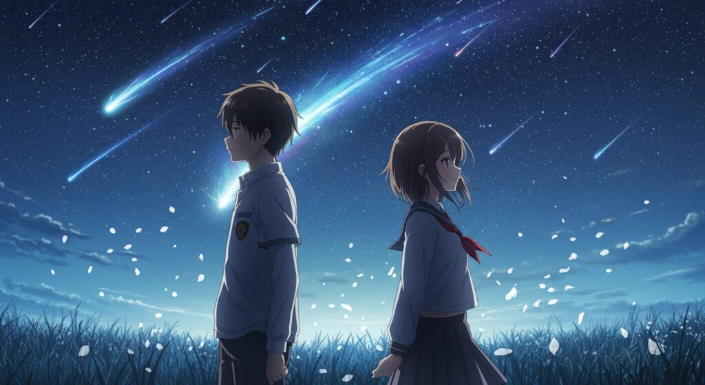 『星降る夜になったら』のまとめ画像。星空の下で少年と少女が切なく見つめ合う、物語全体を象徴するアニメ調イラスト