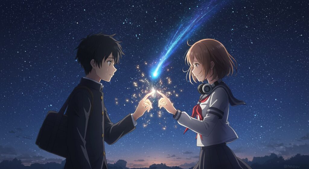 『星降る夜になったら』の切なさを象徴する画像。少年と少女が星空の下で手を伸ばすが、指先が触れ合うことなく光となってすり抜けていく様子