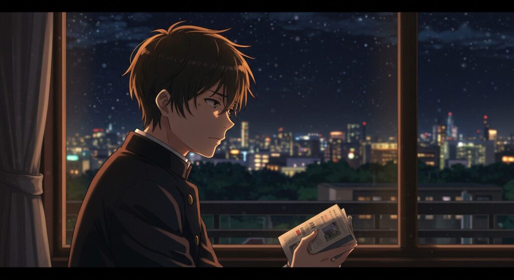 『星降る夜になったら』を読んで、その内容について真剣に考え込んでいる少年のアニメ調イラスト