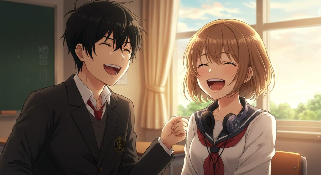 『星降る夜になったら』の幸せなifを描いたイメージ。教室で楽しそうに笑い合う主人公とヒロインのアニメ調イラスト