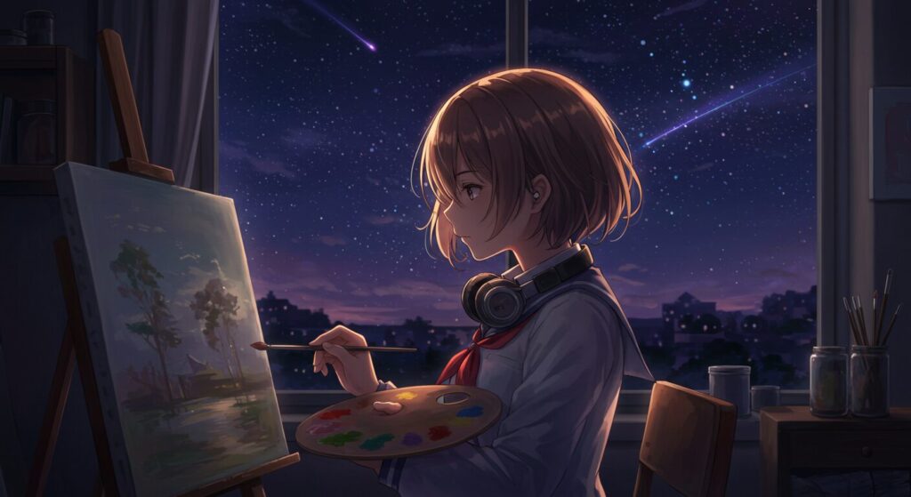 『星降る夜になったら』のヒロイン・渡良瀬佳乃が、星の見える美術室で真剣な表情で絵を描いているアニメ調イラスト