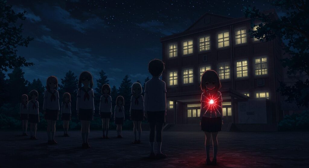 深夜の校舎の前に並ぶ子供たちのシルエット。一人の胸だけが赤く光っており、『ほうごがかり』に選ばれる子供たちの宿命を象徴している