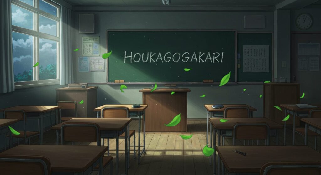 深夜の教室に差し込む月明かりと、黒板に白く浮かび上がる「ほうかごがかり」の文字。物語の不穏な始まりを象徴している