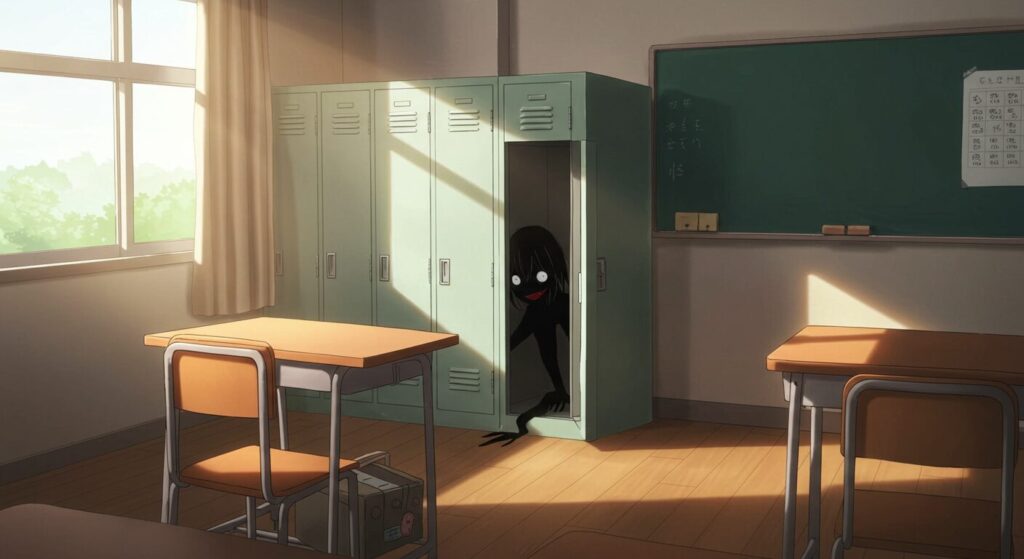 昼間の明るい教室の隅にあるロッカーから、黒い影が這い出している様子。『ほうかごがかり』の日常を侵食する恐怖を表現している