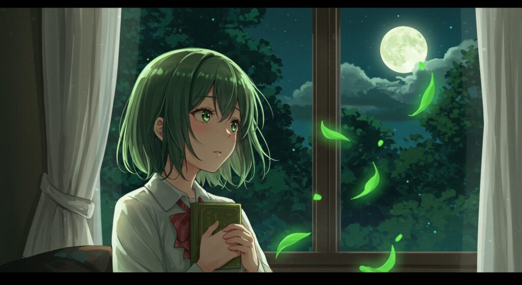本を胸に抱き、窓の外の月を見上げる少女、見上真絢。『ほうごがかり』を読み終えた後の、複雑で深い余韻を象徴している