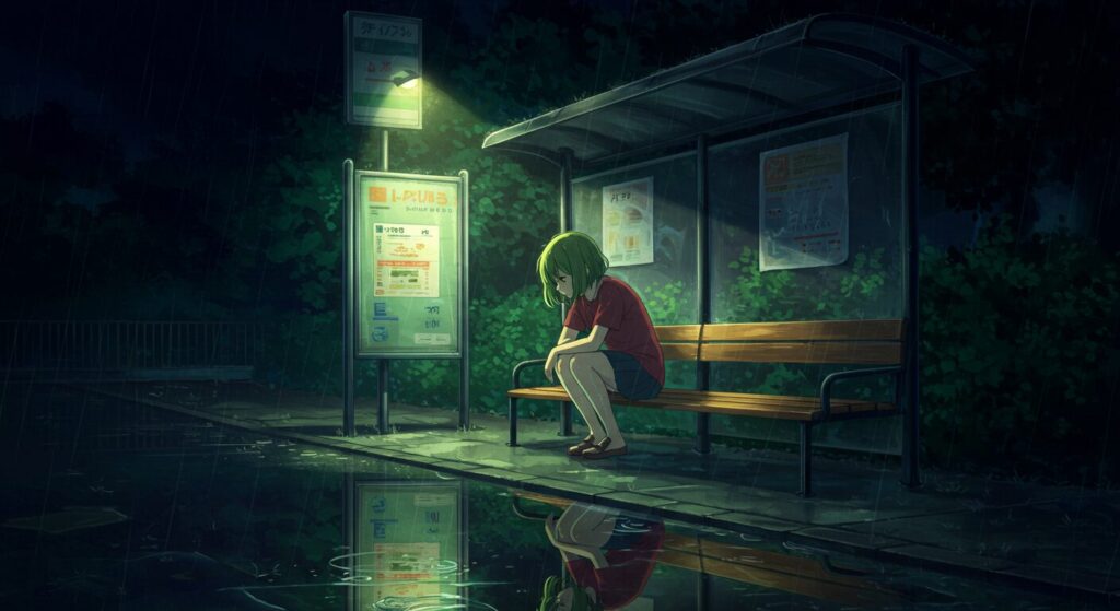 雨の夜、バス停で一人うずくまる少女、見上真絢。『ほうごがかり』の持つ救いのない絶望的な雰囲気を表現している