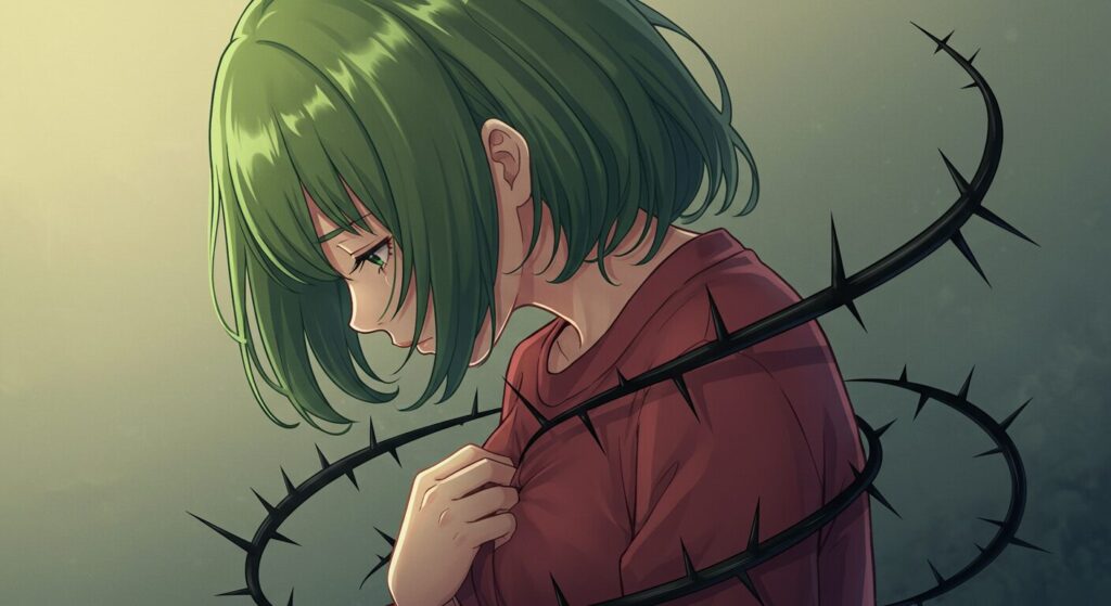 少女、見上真絢の胸元から黒い茨が溢れ出している様子。『ほうかごがかり』の怪異と心の闇がリンクするテーマを象徴している