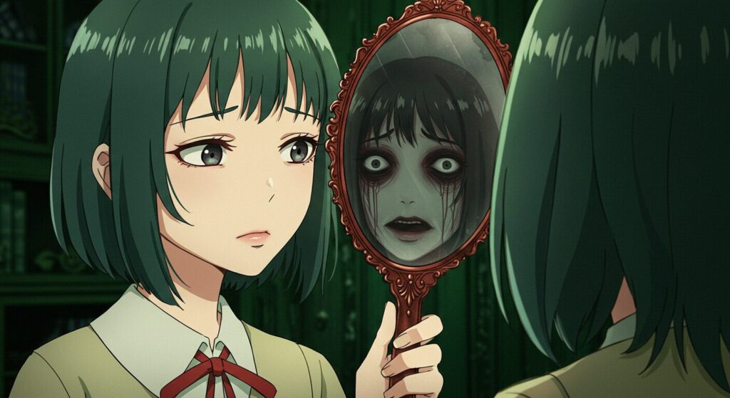 手鏡を覗き込む少女、見上真絢。鏡の中には彼女ではなく歪んだ怪物が映っており、『ほうかごがかり』の心理的恐怖を象徴している