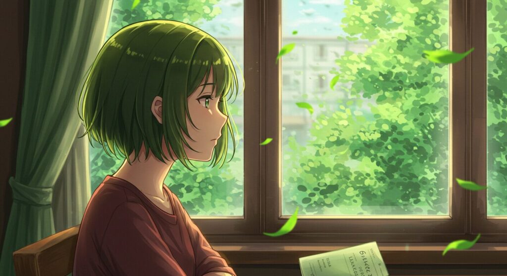 窓の外を見つめ物思いにふける少女、見上真絢。開かれた本がそばにあり、『ほうかごがかり』の読後の余韻を表現している