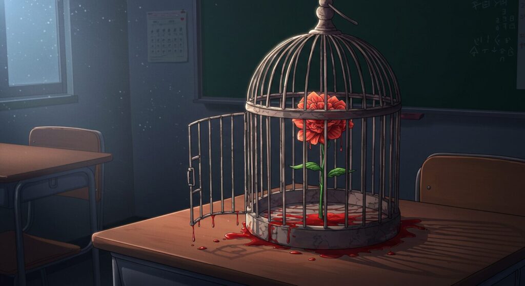 開いた鳥籠の中に、血のような雫を垂らす花が咲いている様子。『ほうごがかり』の子供たちの運命と物語のテーマを象徴している