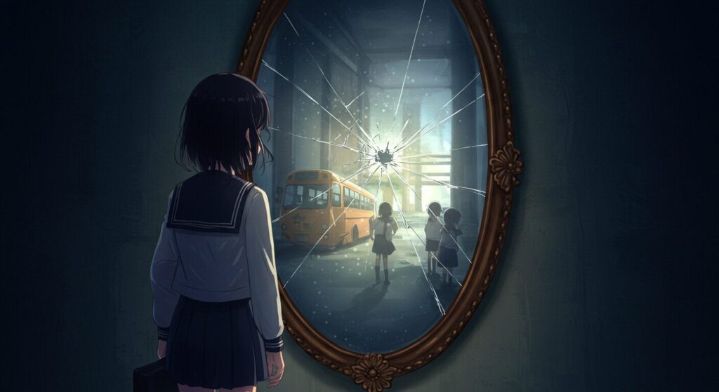 『いつか、眠りにつく日』の結末と伏線を象徴する画像。セーラー服の少女が、ひび割れた大きな鏡の前に立っている。鏡には少女とは違う情景が映っている幻想的なイラスト。
