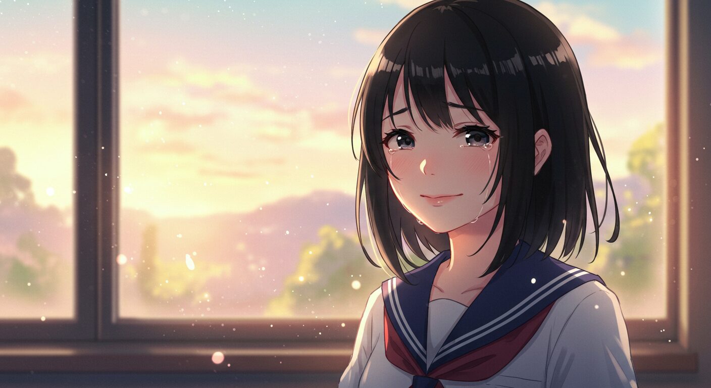 『いつか、眠りにつく日』のアイキャッチ。夕暮れの教室で、セーラー服を着た黒髪の少女が涙を浮かべながらも優しく微笑んでいる、切なくも美しいイラスト。